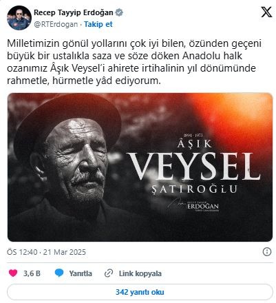 Cumhurbaşkanı Erdoğan, halk ozanı Aşık Veysel'i andı